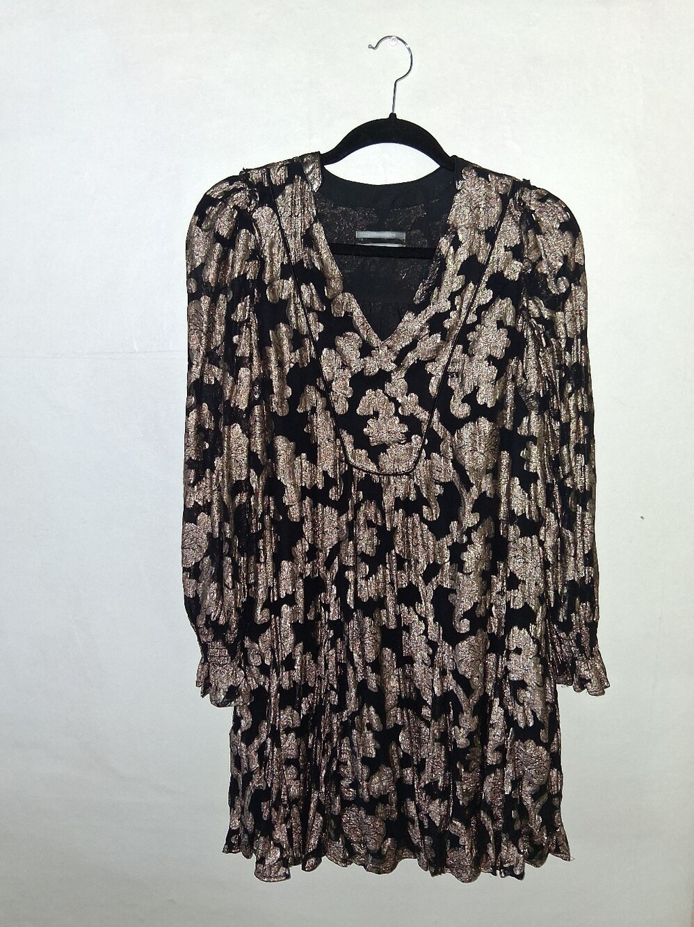 Anthropologie Black & Gold Floral V-Neck Long Sleeve Dress With Pockets / Liner